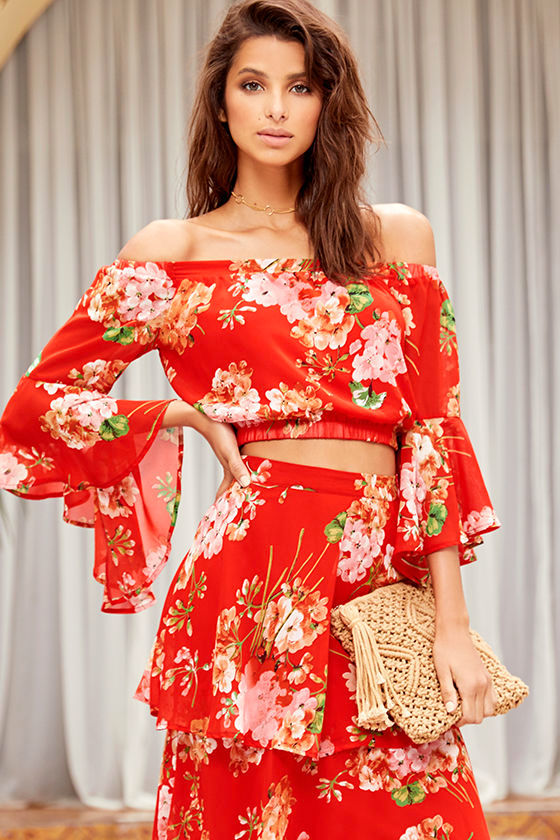 Cute Red Floral Print Top - Off-the-Shoulder - Crop Top - Bell Sleeve ...