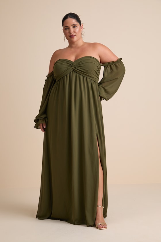 Glorious Invite Olive Green Knotted Off-the-Shoulder Maxi Dress - thumbnail 5