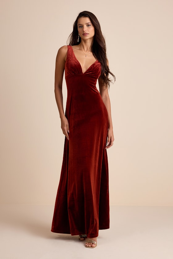 Decadent Evening Rust Orange Velvet Sleeveless Maxi Dress 2