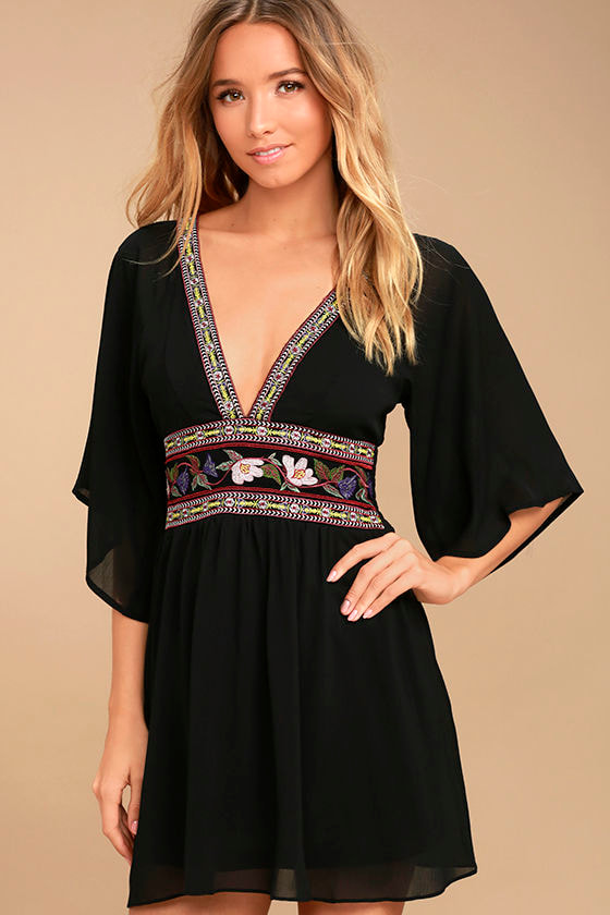 Boho Black Dress - Embroidered Dress - Kimono Dress - Mini Dress - $49. ...