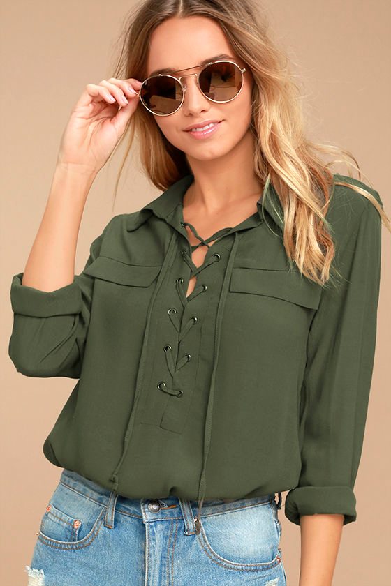 Chic Olive Green Top LaceUp Top Long Sleeve Top 46.00 Lulus