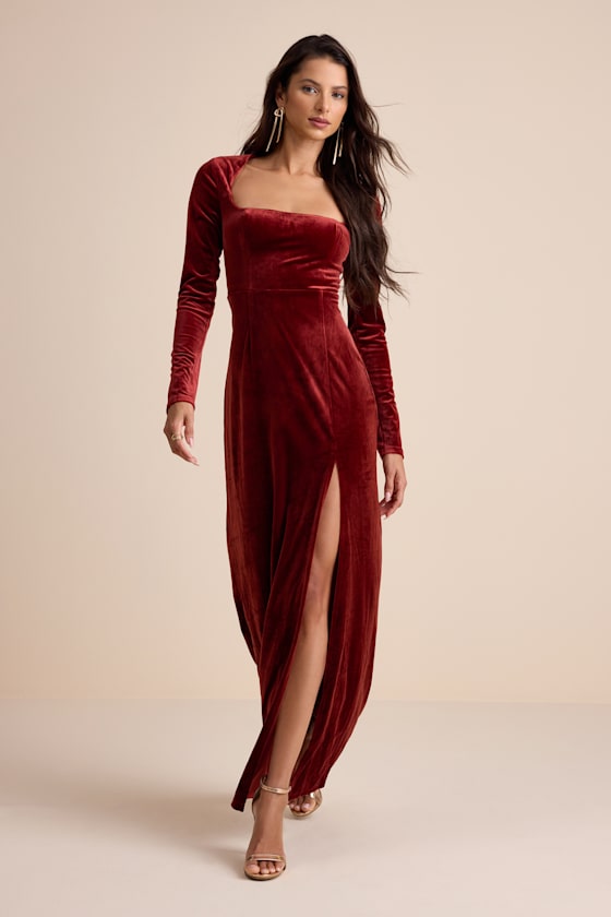 Lovely and Luminous Rust Velvet Long Sleeve Column Maxi Dress 2