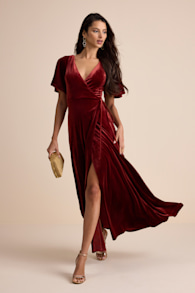 Defining Elegance Rust Red Velour Short Sleeve Wrap Maxi Dress 2