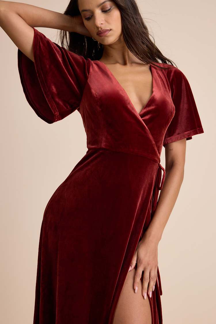 Defining Elegance Rust Red Velour Short Sleeve Wrap Maxi Dress
