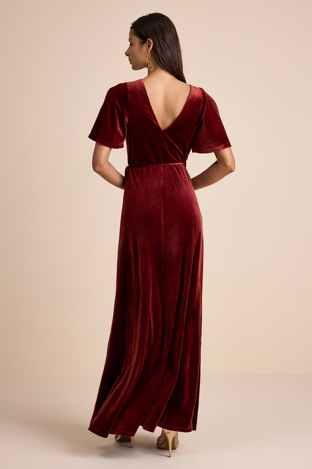 Defining Elegance Rust Red Velour Short Sleeve Wrap Maxi Dress