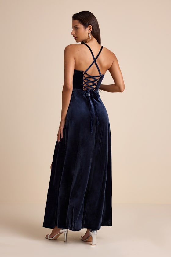 Extravagant Muse Dark Slate Velvet Lace-Up Bustier Maxi Dress 4