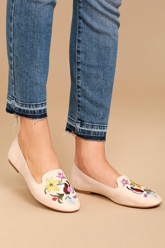 Arvida Nude Suede Embroidered Loafer Flats