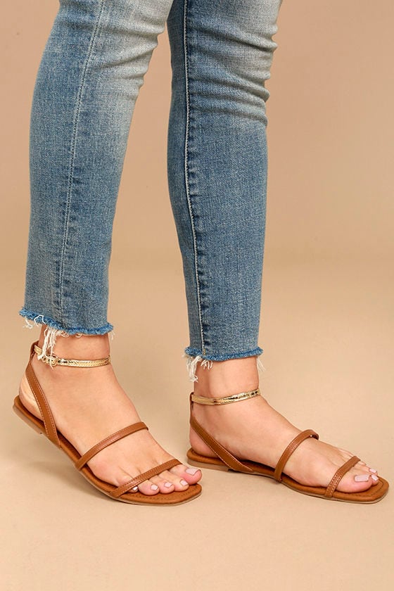 Marnina Tan and Gold Ankle Strap Flat Sandals