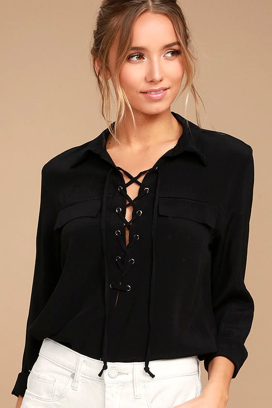black lace up top long sleeve