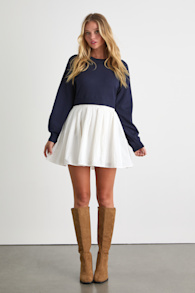 Contemporary Comfort Navy Layered Pleated Sweater Mini Dress 1