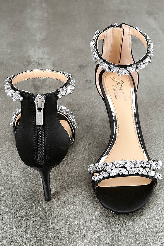 Jewel By Badgley Mischka Caroline Black Satin Heels Rhinestone Heels