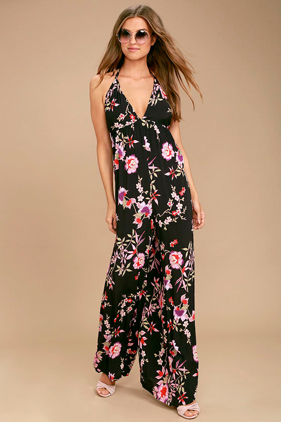 Petal Prancer Purple Floral Print Halter Jumpsuit