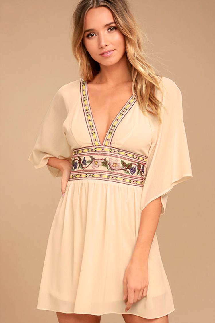 Boho Pale Peach Dress - Embroidered Dress - Kimono Dress - Mini Dress -  $49.00 - Lulus