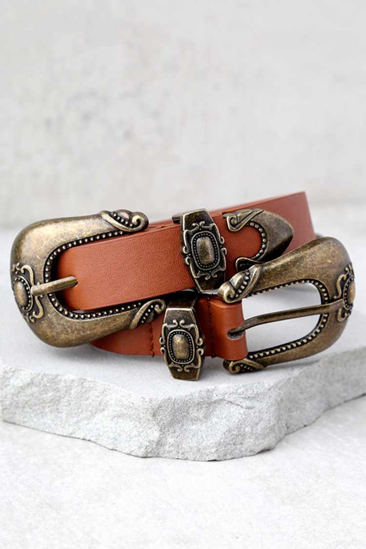 Boho Brown and Gold Belt - Double Buckle Belt - Engraved  display picture 2