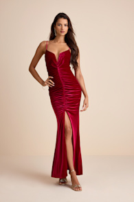 Stunning Invitation Magenta Velvet Ruched Sleeveless Maxi Dress 2