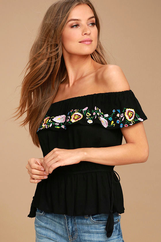 Catch My Eye Black Embroidered Off-the-Shoulder Top