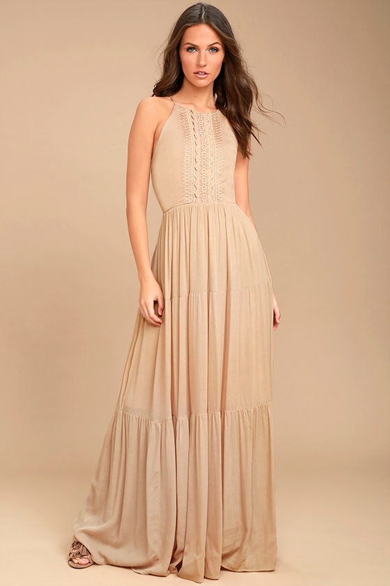 Lovely Beige Maxi Dress - Embroidered Maxi Dress - Sleeveless Maxi ...