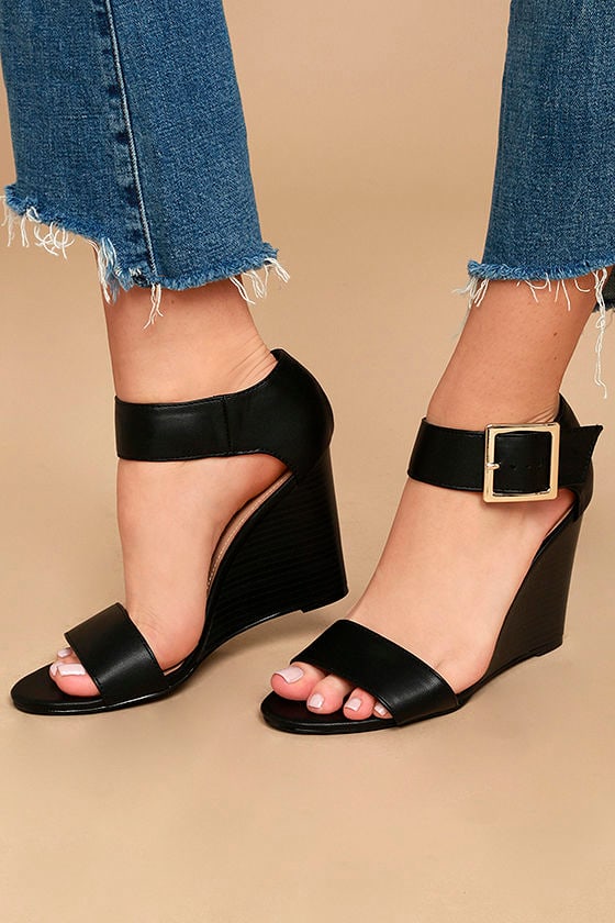 black wedges tie around ankle