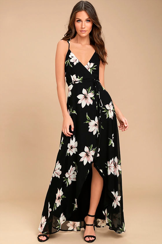 Lovely Black Floral Print Dress -Wrap Dress - High-Low Dress