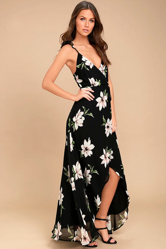 All Mine Black Floral Print High-Low Wrap Dress - Lulus