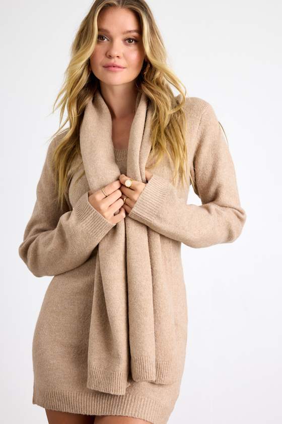 Essential Coziness Heather Beige Sweater Dress and Scarf Set 1