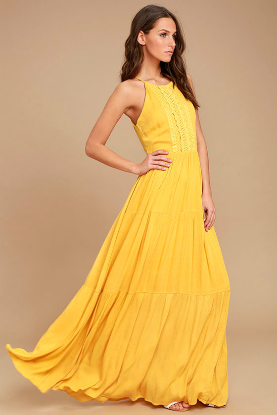 Golden Yellow Sleeveless Dress - Embroidered Maxi Dress - Lulus