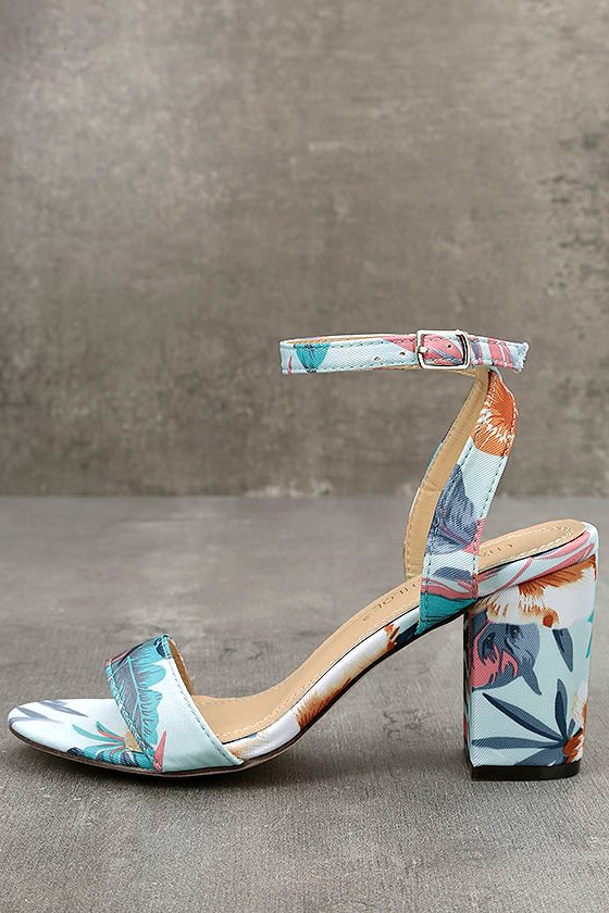 Chilali Light Blue Print Ankle Strap Heels 1