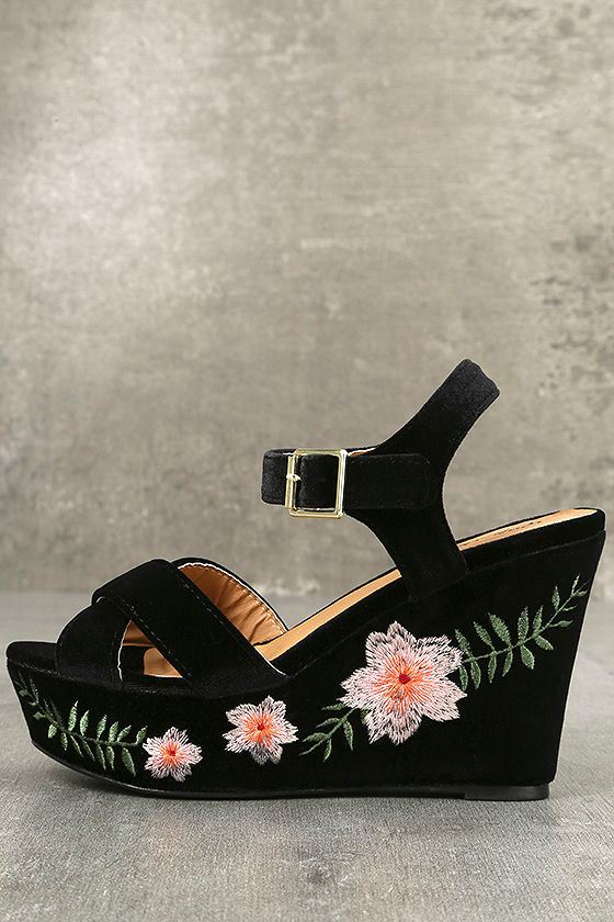 Acantha Black Velvet Embroidered Platform Wedges 1