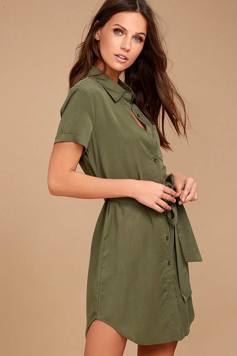 olive green shirt dress Womens Friends Like These Long Sleeve Button Through Mini US 12 A great daydress to add to your wardrobe that can be dressed down with some flats / boots Cute Olive Green Dress -
