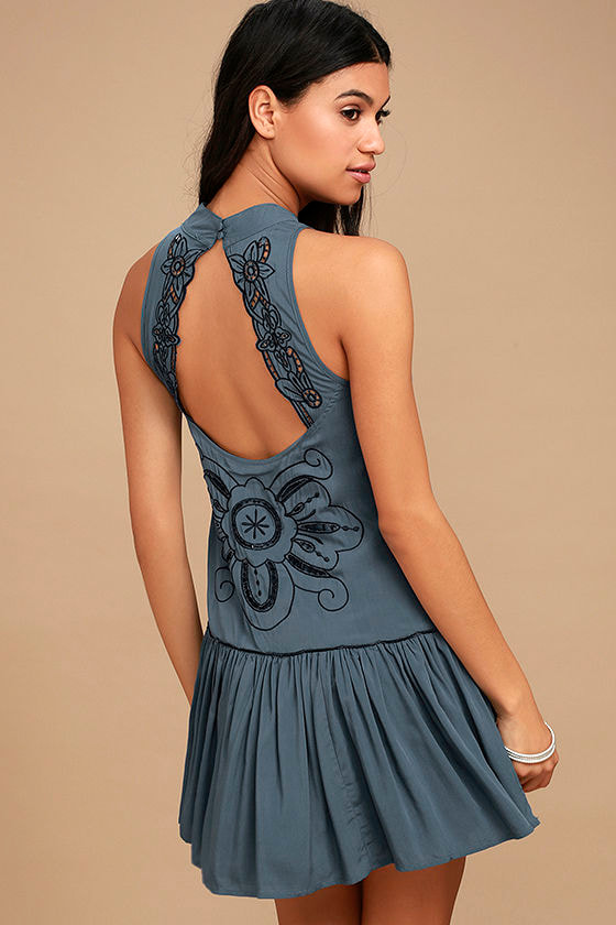 Lovely Teal Blue Dress - Embroidered Dress - Backless Dress - Drop ...