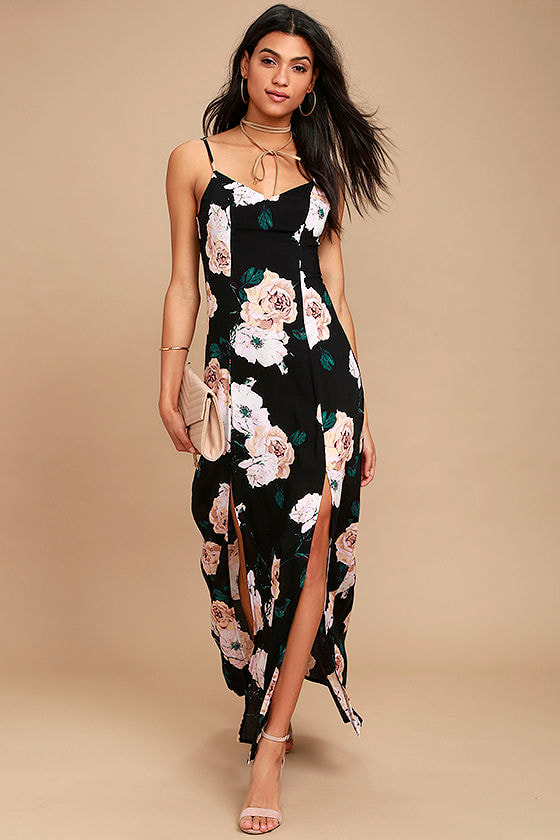 Lovely Black Floral Print Dress - Maxi Dress - Twin Slit Maxi - $54.00 ...