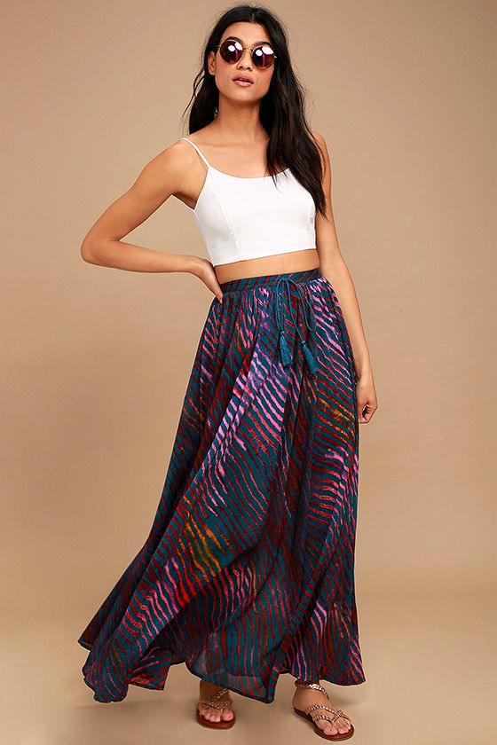Navy Blue Geometric Print Maxi Skirt