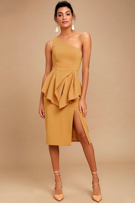 one shoulder tan dress