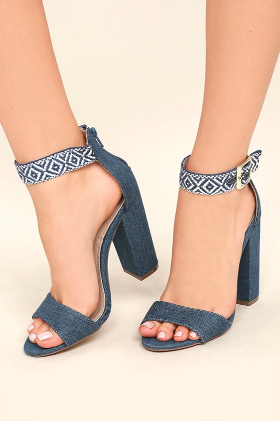 Cybele Denim Embroidered Ankle Strap Heels