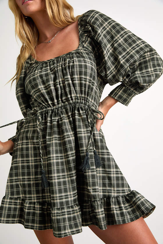 Autumn Perfection Green Plaid Mini Dress With Pockets 1