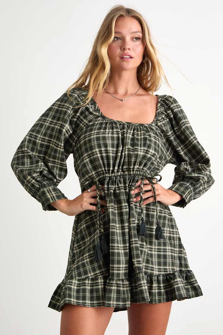 Autumn Perfection Green Plaid Mini Dress With Pockets