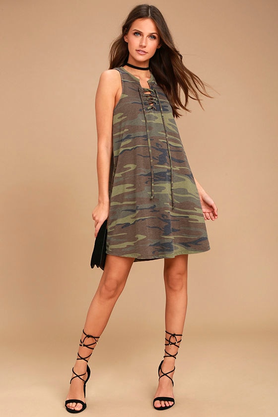 All Tied Up Green Camo Print Lace-Up Dress