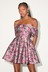 Beyond Darling Black Floral Jacquard Off-the-Shoulder Mini Dress 1