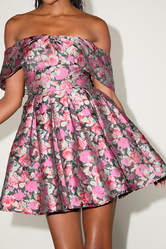 Beyond Darling Black Floral Jacquard Off-the-Shoulder Mini Dress 2