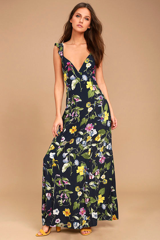 Elegant Navy Blue Floral Print Dress - Maxi Dress - Open Back Dress ...