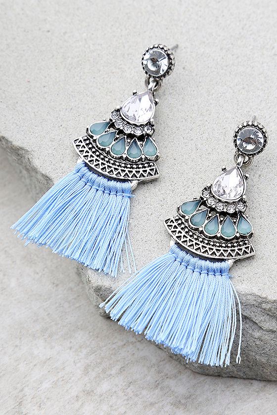 Pretty Blue Tassel Earrings Silver Earrings Rhinestone Earrings