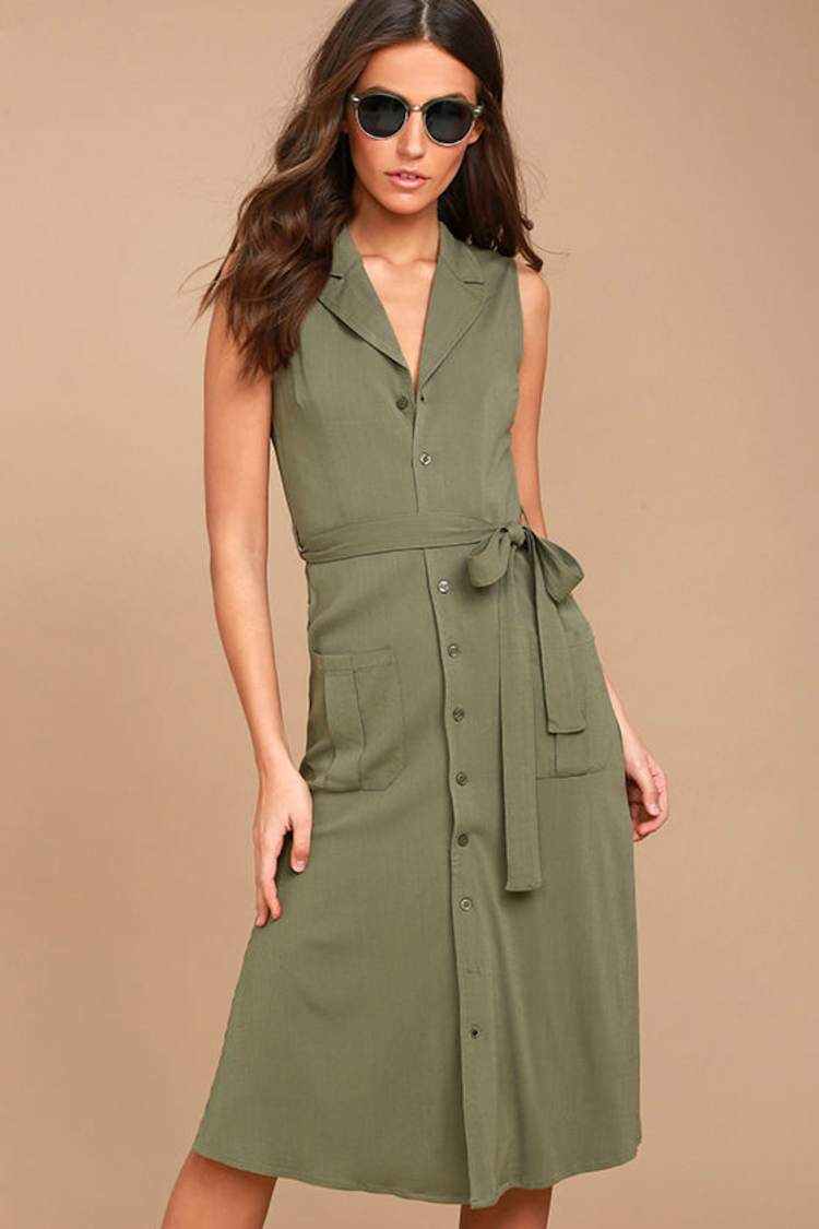 washed olive green dress Cute Washed Olive Green Dress - Shirt Dress - Sleeveless Dress - Midi Dress  - $64.00