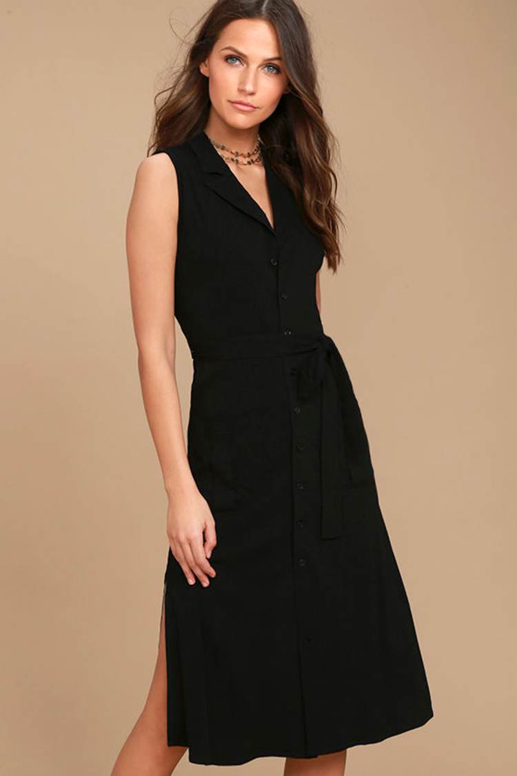 knee length dresses for ladies Black Collared Button Down Tie Waist Midi Shirt Dress *FINAL SALE* – SSYS main image 1