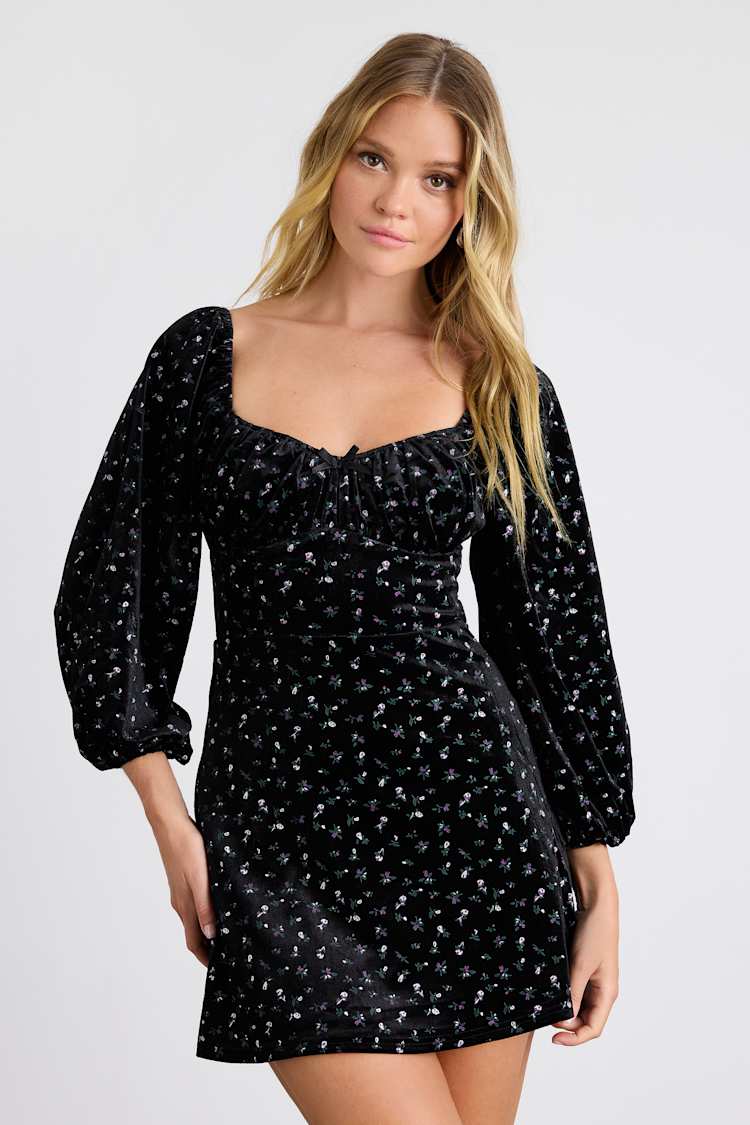 Black Floral Dress - Velvet Mini Dress - Balloon Sleeve Dress - Lulus