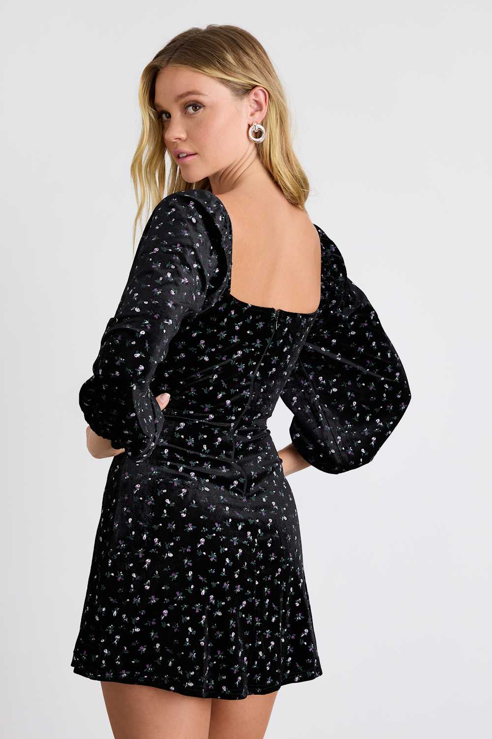Adored Perfection Black Floral Velvet Balloon Sleeve Mini Dress