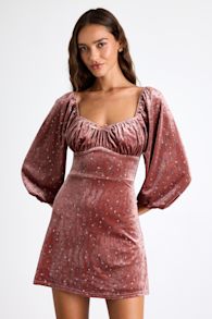 Adored Perfection Mauve Floral Velvet Balloon Sleeve Mini Dress 1