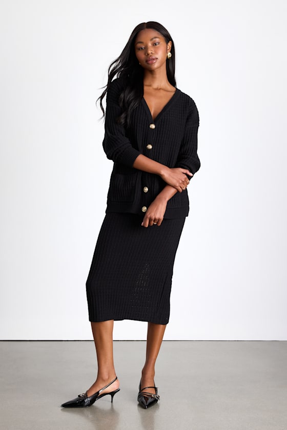 Black Two-Piece Dress - Cardigan Sweater Dress - Knit Midi Dress