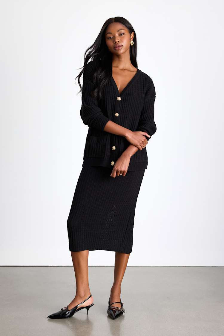 Toasty Sophistication Black Two-Piece Cardi Sweater Midi Dress