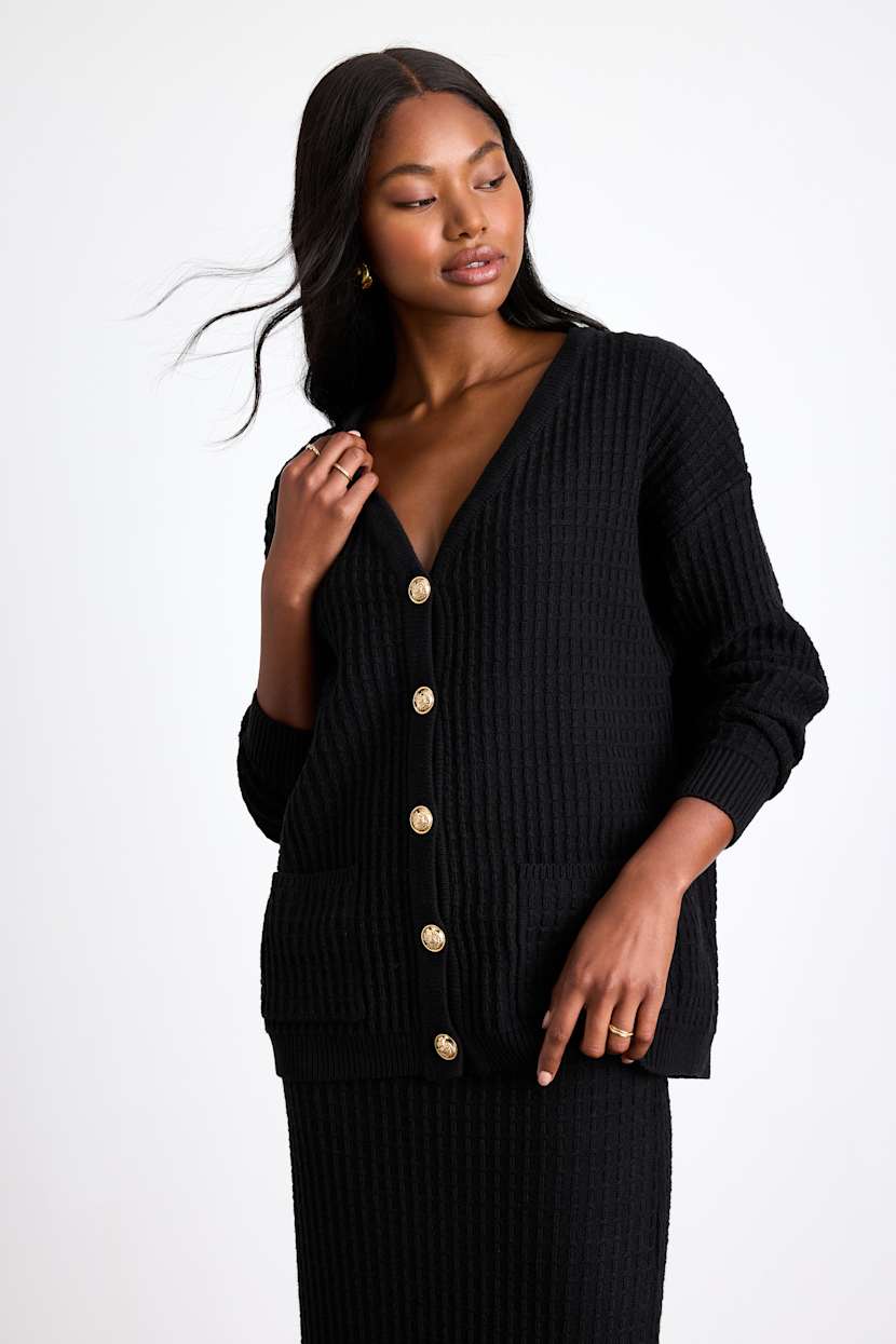 Toasty Sophistication Black Two-Piece Cardi Sweater Midi Dress
