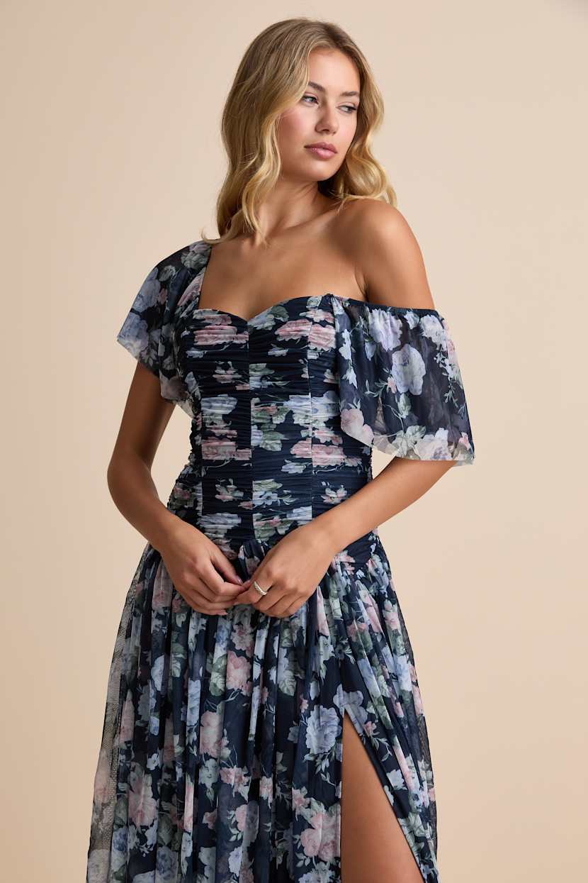 Navy Floral Dress - Mesh Ruched Dress - Drop Waist Maxi Dress - Lulus